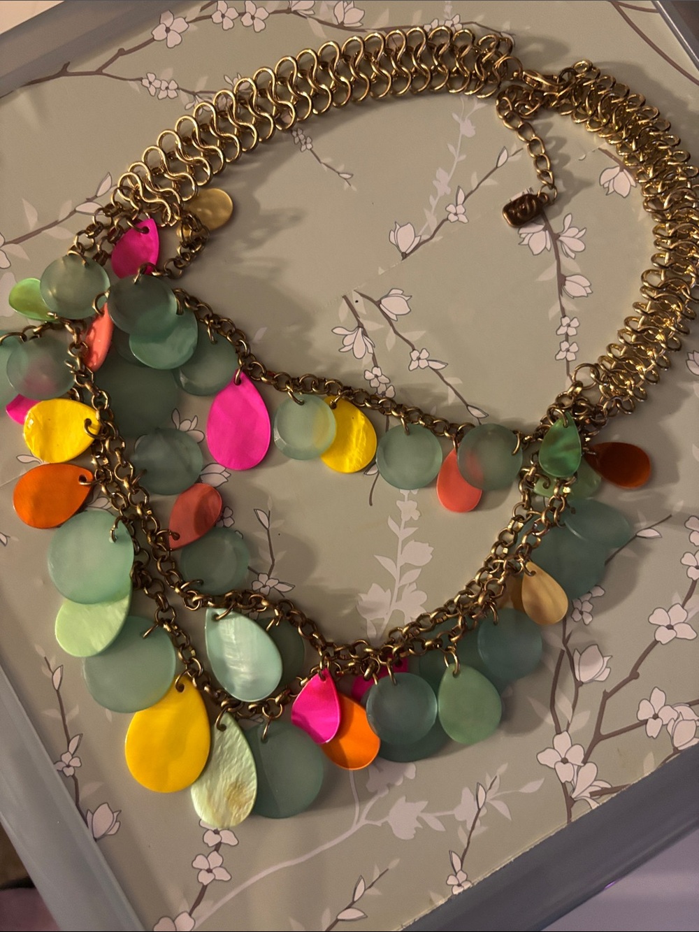 Gold Chain Multicolor Disc Necklace with Mint, Pink, Yellow and Orange Accents
